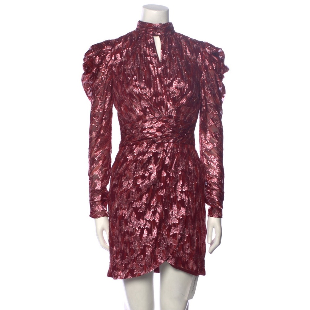 Jonathan Simkhai Mock Neck Brocade Metallic Vine Silk Mini Dress Red Pink Size 2